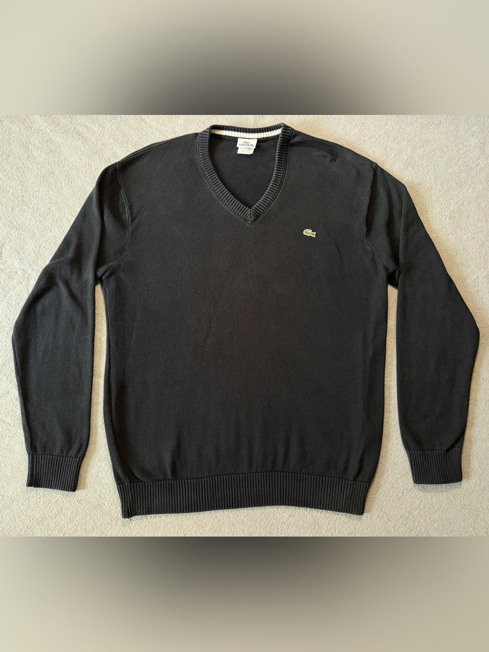 Lacoste V-Neck Sweater Men’s XL Black Cotton Knit Pullover Crocodile Logo